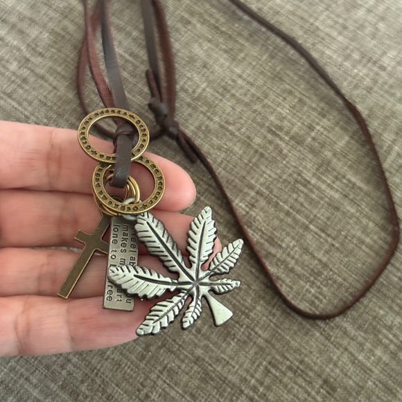 Long Necklace, Leather Silver & Brown Leaf Pendant Necklace, Handmade Jewelry - Picture 7 of 11